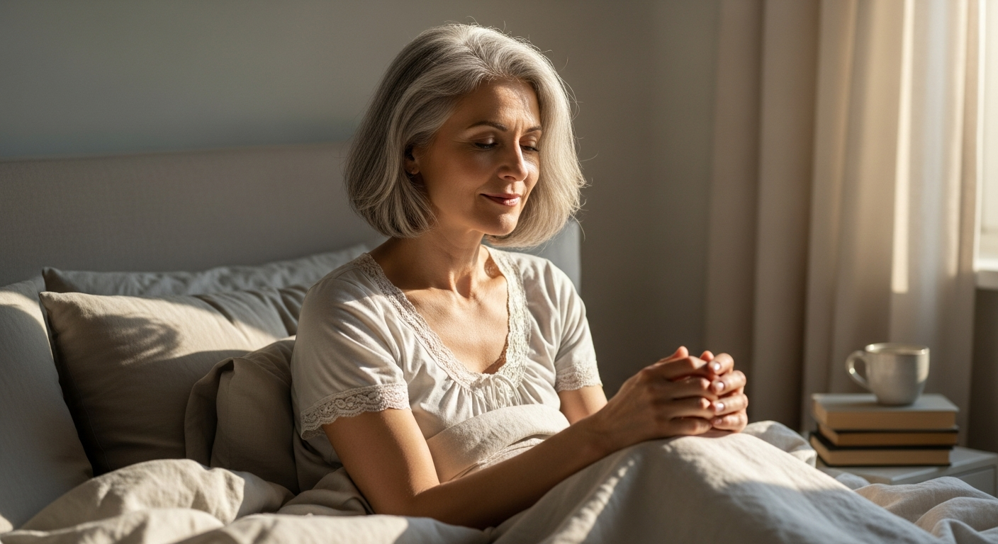 Woman resting peacefully in bed in soft morning light